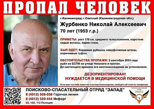 В Калининградской области ищут 70-летнего мужчину, пропавшего сутки назад