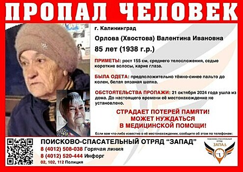 В Калининграде ищут страдающую потерей памяти 85-летнюю пенсионерку, пропавшую в начале недели