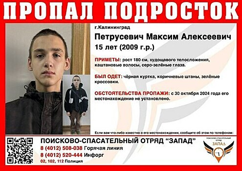 Не выходит на связь с 30 октября: в Калининграде ищут пропавшего 15-летнего мальчика